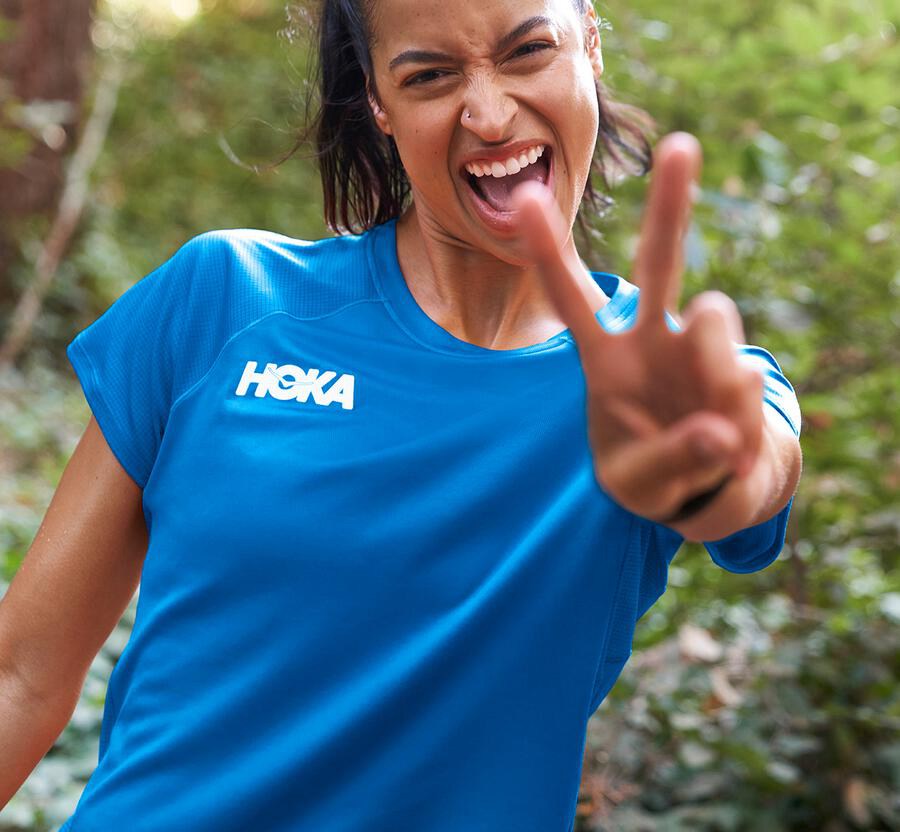 Hoka Australia One One Performance Short Sleeve - Womens Tops Blue - MWXCF-3420